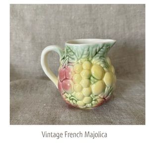 vintage Salins Les Bains small majolica fruits pitcher